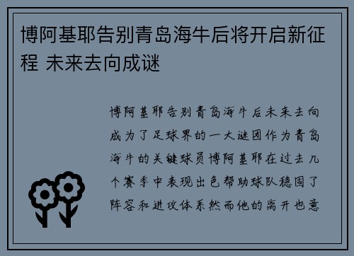博阿基耶告别青岛海牛后将开启新征程 未来去向成谜