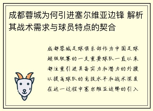 成都蓉城为何引进塞尔维亚边锋 解析其战术需求与球员特点的契合