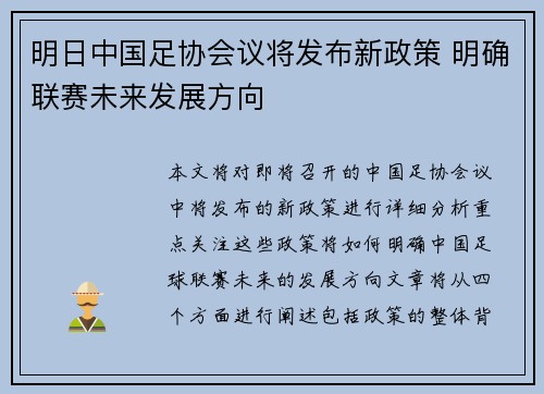 明日中国足协会议将发布新政策 明确联赛未来发展方向